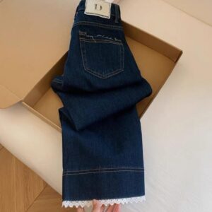 بنطلون جينز نسائي بقصة مستقيمة مع دانتيل - أزرق داكن - (Women's Straight-leg Jeans with Lace - Dark Blue)