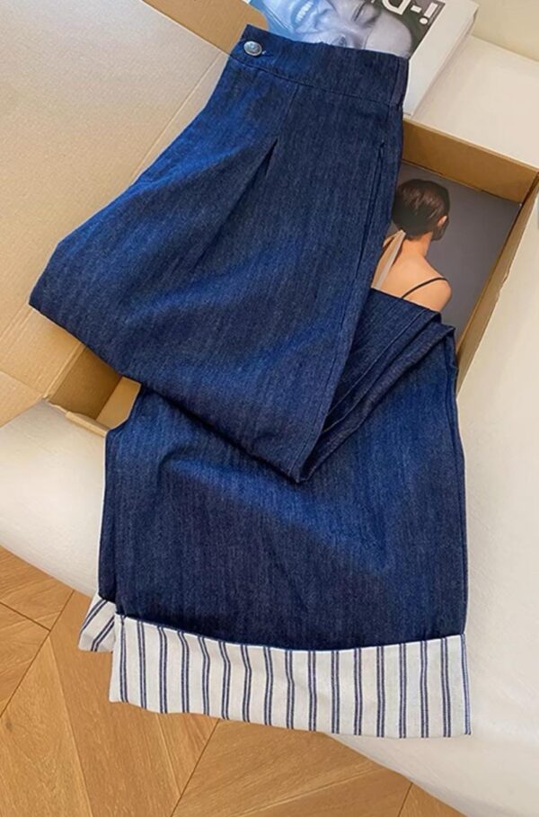 Wide-leg Denim Pants - بنطلون جينز بقلبة مخططة