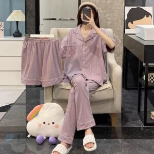 طقم بيجامة صيفي بخطوط بنفسجية Summer Pyjama Set | مناسب للعروس