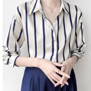 Navy Blue Striped Silk Shirt - قميص حريري مخطط أزرق كحلي