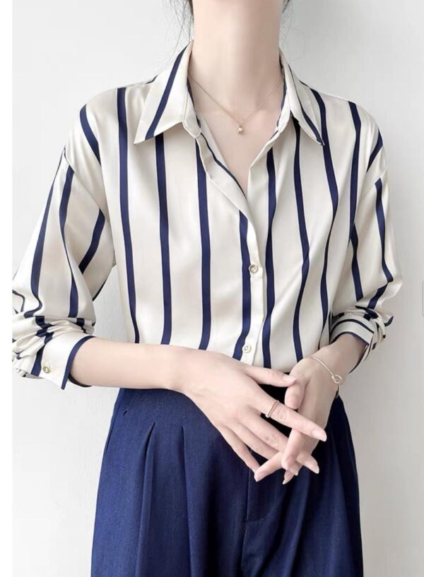 Navy Blue Striped Silk Shirt - قميص حريري مخطط أزرق كحلي