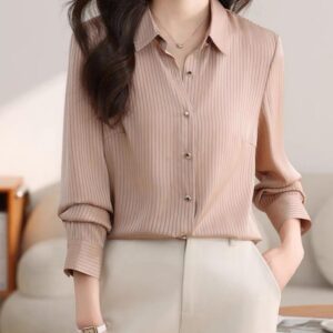 Blush Nude Elegant Striped Blouse - بلوزة مخططة أنيقة