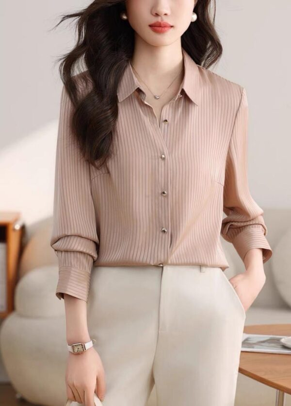 Blush Nude Elegant Striped Blouse - بلوزة مخططة أنيقة